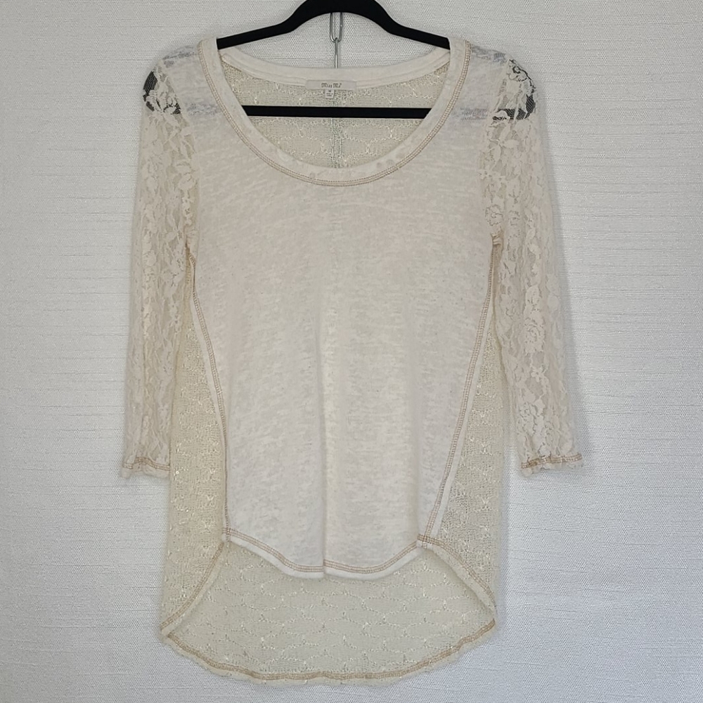 Miss Me Ling Sleeve Hi-Low Top Sheer Floral Lace Cream Medium